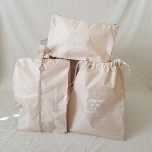 NEW/Never Used! Set of (3) Beige Nylon Travel Clothing Shoes Packing Bags